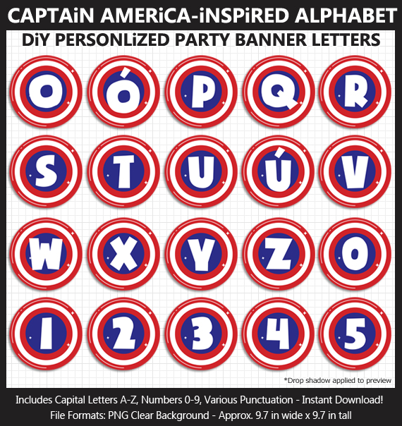 Love these awesome Captain America alphabet clipart for birthday banners and classroom decoration - Letters, Numbers, Punctuation
