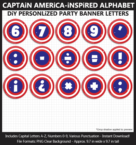 Love these awesome Captain America alphabet clipart for birthday banners and classroom decoration - Letters, Numbers, Punctuation