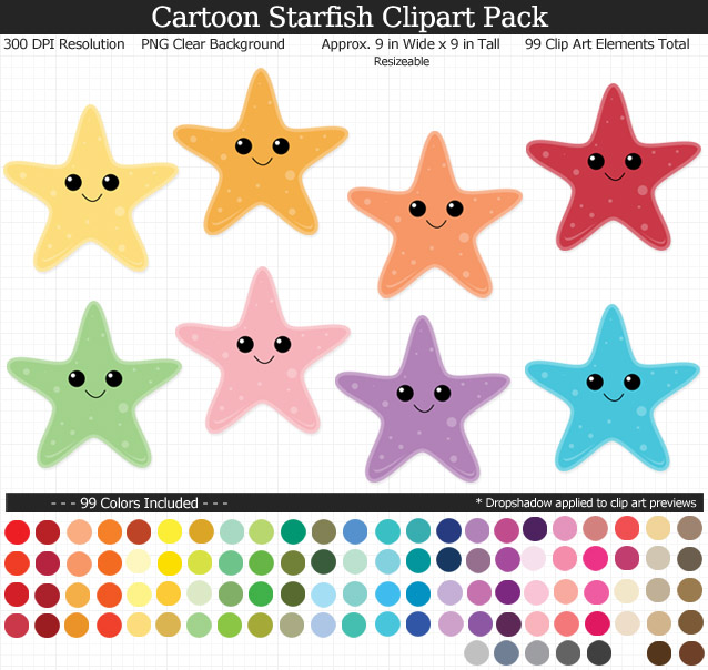 Love this cute ocean set of cartoon starfish clipart - Under the Sea clear background clip art - 99 colors