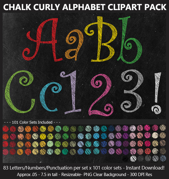 Love these cute chalk curly alphabet clip art for birthday banners and classroom decoration - Letters and Numbers Punctuation