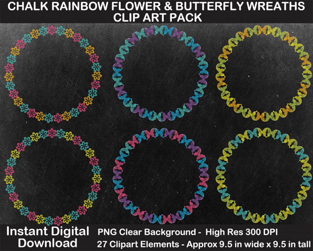 Love these fun chalkboard rainbow flower and butterfly wreaths clipart!