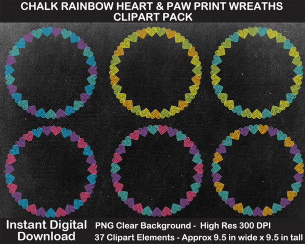 Love these fun chalkboard rainbow heart and paw print wreaths clipart!