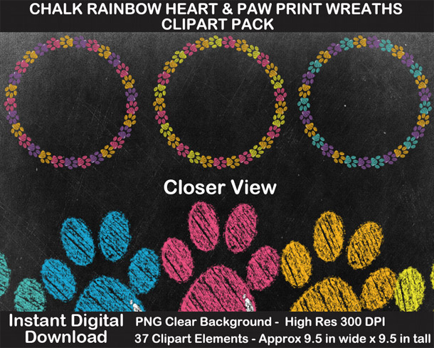 Love these fun chalkboard rainbow heart and paw print wreaths clipart!