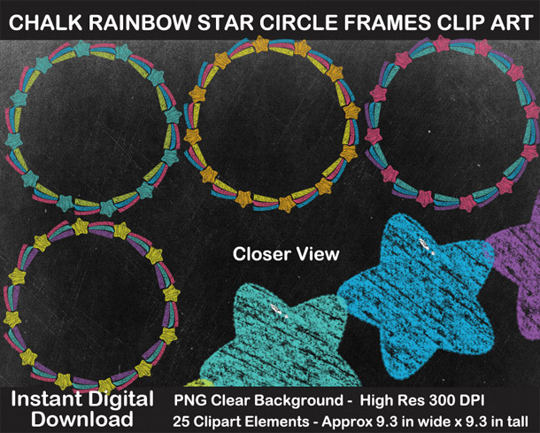 Love these fun chalkboard rainbow star circle wreaths clipart!