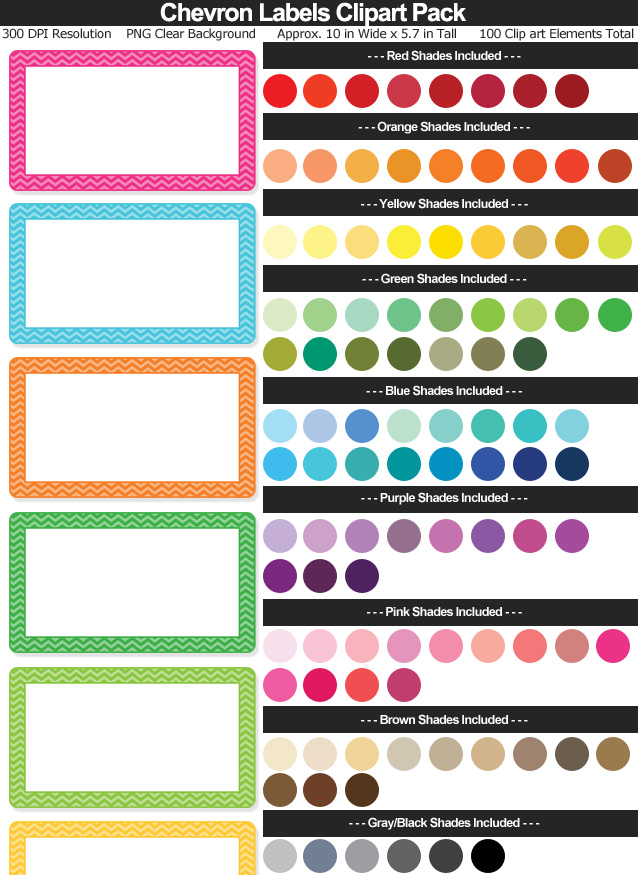 Rainbow Chevron Labels Clipart Pack - Clear Background PNG - Large 10 inches Wide x 5.7 inches Tall Resizeable - 100 Colors