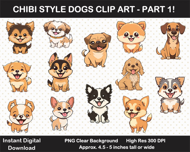Love these fun Kawaii Chibi-style dog digital clipart for scrapbooking and crafting!