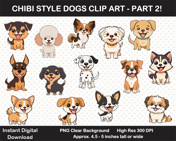 Love these fun Kawaii Chibi-style dog digital clipart for scrapbooking and crafting!