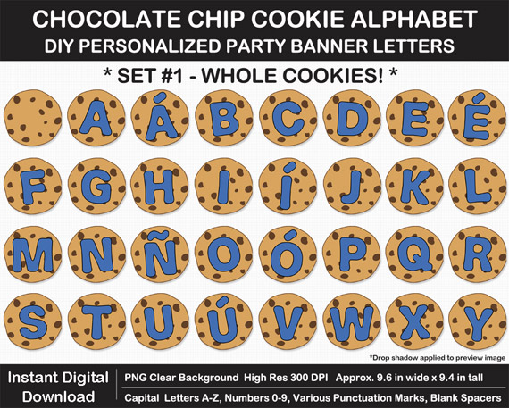 Love these chocolate chip cookie alphabet clip art for DIY cookie birthday banner!
