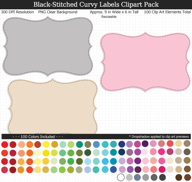 Black-Stitched Curvy Labels Clipart Pack