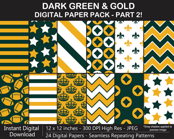 Love these fun dark green and gold seamless pattern digital papers!