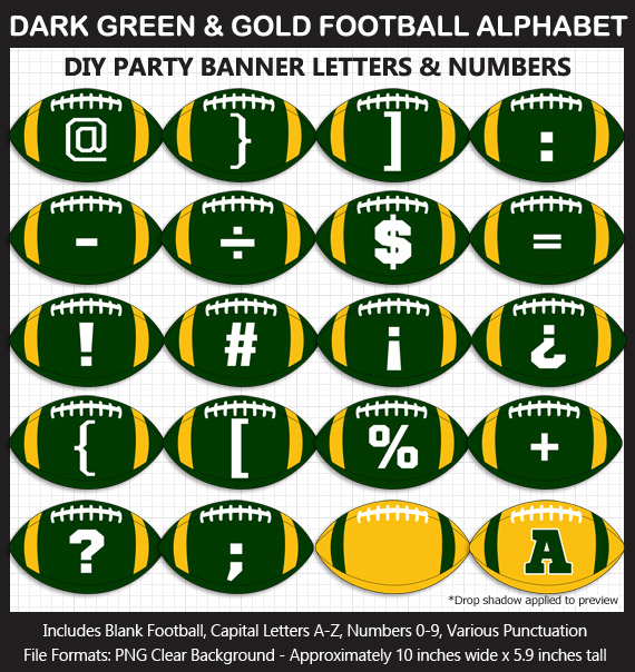 Love these fun Dark Green and Gold Football clipart for game day decoration - Letters, Numbers, Punctuation