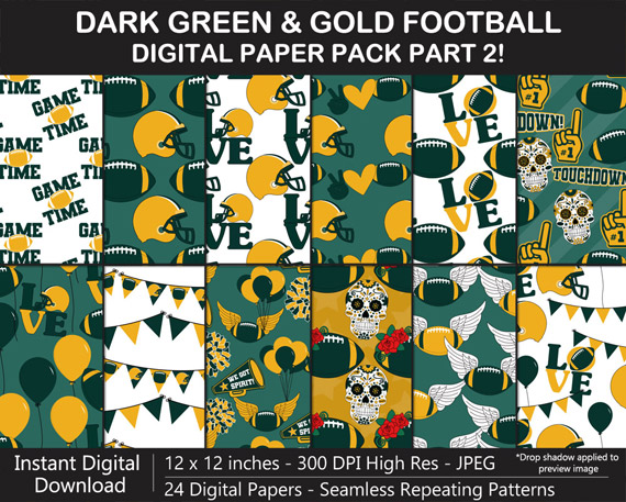 Dark Green and Gold Football Theme Digital Paper Pack - Go Packers!