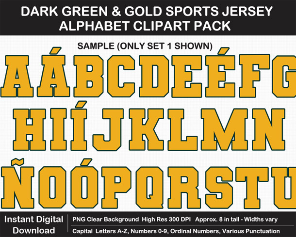 Love these fun Dark Green and Gold Sports Jersey Alphabet Clipart for Sign Making - Letters, Numbers, Punctuation - Go Packers!