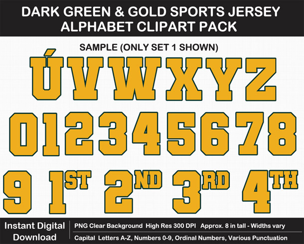 Love these fun Dark Green and Gold Sports Jersey Alphabet Clipart for Sign Making - Letters, Numbers, Punctuation - Go Packers!