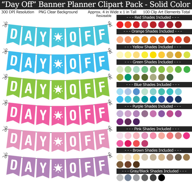 Rainbow Day Off Banner Clipart Pack for Planners - Clear Background PNG - Large 4 inches Wide x 1 inch Tall Resizeable - 100 Colors