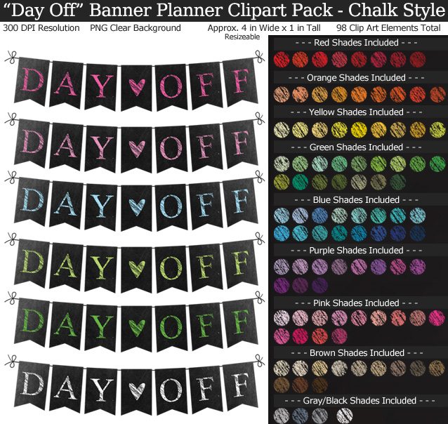 Rainbow Day Off Banner Clipart Pack for Planners - Clear Background PNG - Large 4 inches Wide x 1 inch Tall Resizeable - 100 Colors