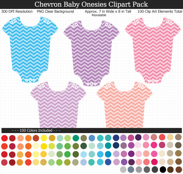 Rainbow Chevron Baby Onesies Clipart Pack - Clear Background PNG - Large 7 inches Wide x 8 inches Tall Resizeable - 100 Colors