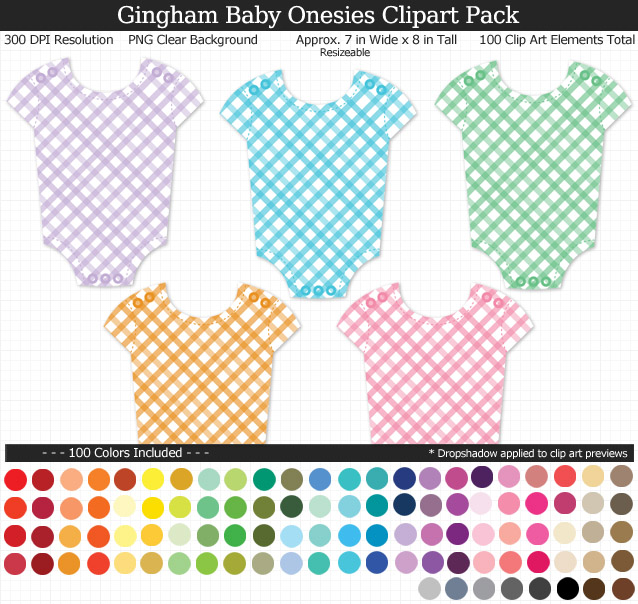 Rainbow Gingham Baby Onesies Clipart Pack - Clear Background PNG - Large 7 inches Wide x 8 inches Tall Resizeable - 100 Colors