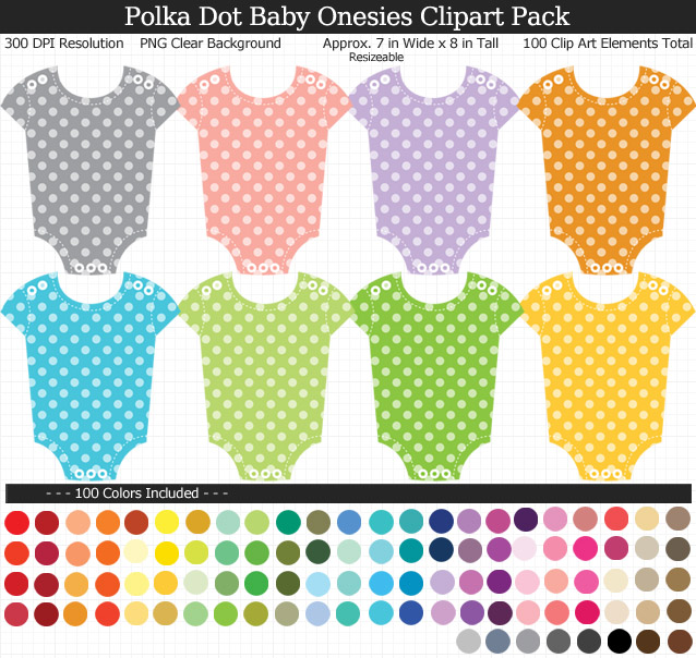 Rainbow Polka Dot Baby Onesies Clipart Pack - Clear Background PNG - Large 7 inches Wide x 8 inches Tall Resizeable - 100 Colors