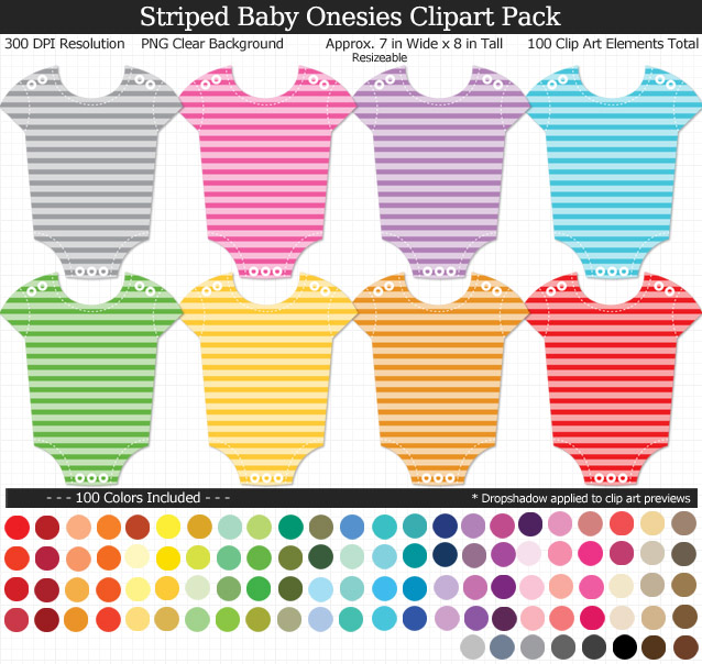 Rainbow Striped Baby Onesies Clipart Pack - Clear Background PNG - Large 7 inches Wide x 8 inches Tall Resizeable - 100 Colors