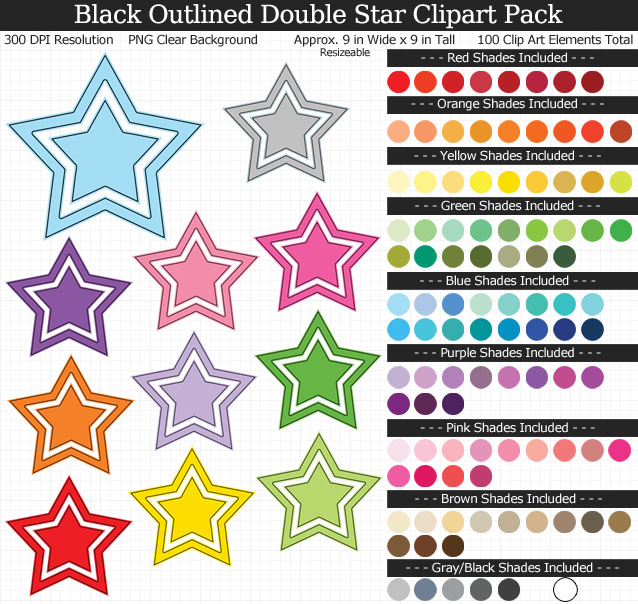 Rainbow Black Outlined Double Star Clipart Pack - Clear Background PNG - Large 9 inches Wide x 9 inches Tall Resizeable - 100 Colors