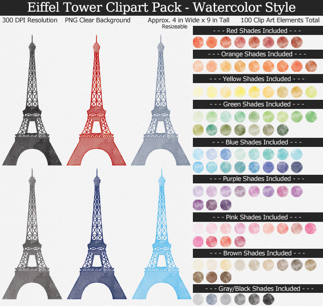 Watercolor Eiffel Tower Clipart Pack