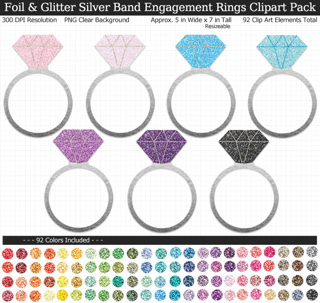 Rainbow Glittery Wedding Engagement Rings Clipart Pack - Silver Band - Clear Background PNG - Large 5 inches Wide x 7 inch Tall Resizeable - 92 Colors