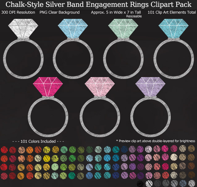 Rainbow Chalk Wedding Engagement Rings Clipart Pack - Silver Band - Clear Background PNG - Large 5 inches Wide x 7 inch Tall Resizeable - 101 Colors