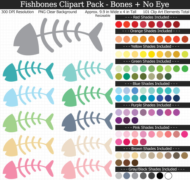 Rainbow Fishbone Clipart Pack - Clear Background PNG - Large 9 inches Wide x 4 inches Tall Resizeable - 100 Colors