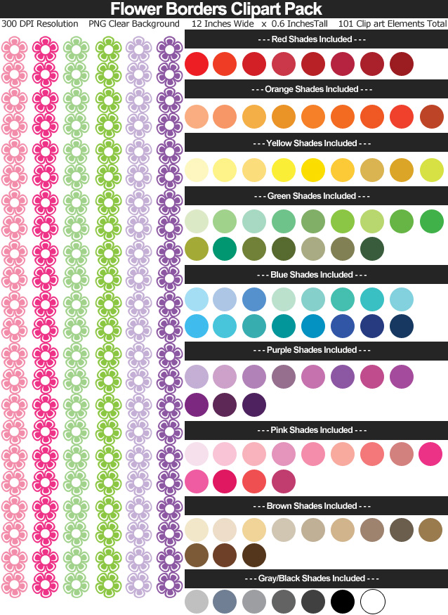 Rainbow Flower Borders Clipart Pack - Clear Background PNG - Large 12 inches Wide x 0.6 Inches Tall Resizeable - 101 Colors