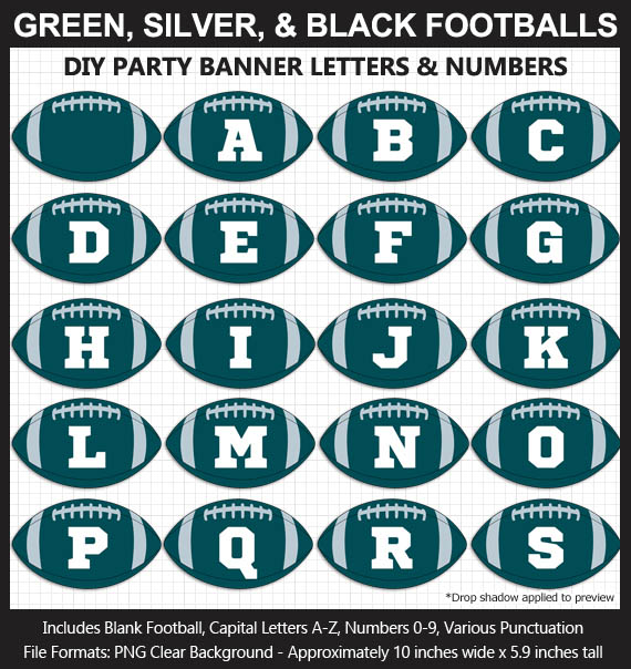Love these fun Green, Silver, and Black Football clipart for game day decoration - Letters, Numbers, Punctuation - Go Eagles!