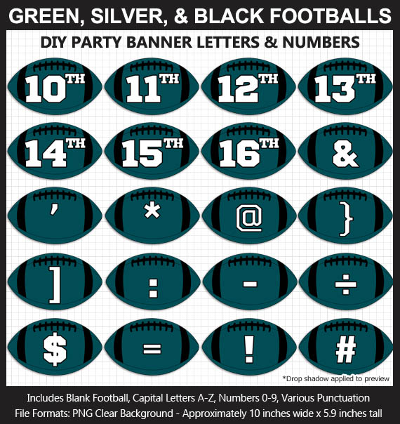 Love these fun Green, Silver, and Black Football clipart for game day decoration - Letters, Numbers, Punctuation - Go Eagles!