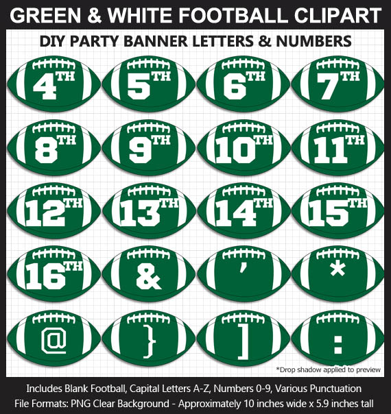 Love these fun Green and White Football clipart for game day decoration - Letters, Numbers, Punctuation - Go Jets!