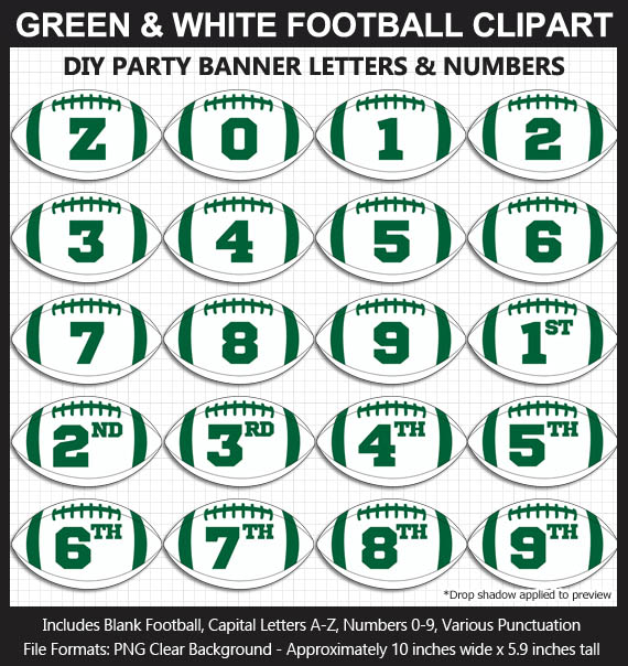 Love these fun Green and White Football clipart for game day decoration - Letters, Numbers, Punctuation - Go Jets!