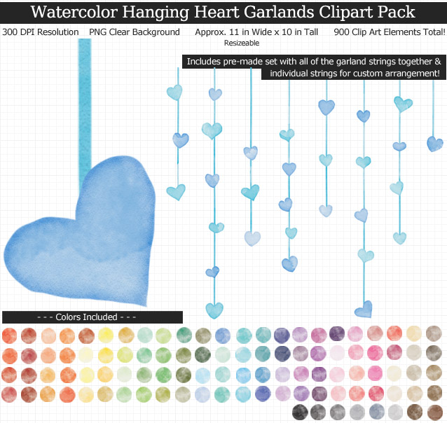 Rainbow Watercolor Heart Garlands Clipart Pack - Clear Background PNG - Large 11 inches Wide x 10 nches Tall Resizeable - Valentine's Day and Weddings