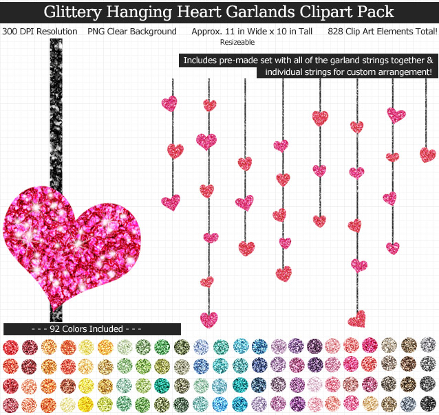 Rainbow Glittery Heart Garlands Clipart Pack - Clear Background PNG - Large 11 inches Wide x 10 nches Tall Resizeable - Valentine's Day and Weddings