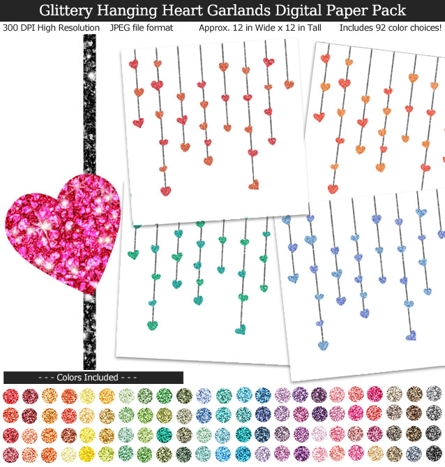 Rainbow Colors Glittery Hanging Heart Garlands Digital Paper Pack 12x12 inches - Valentine's Day - Weddings