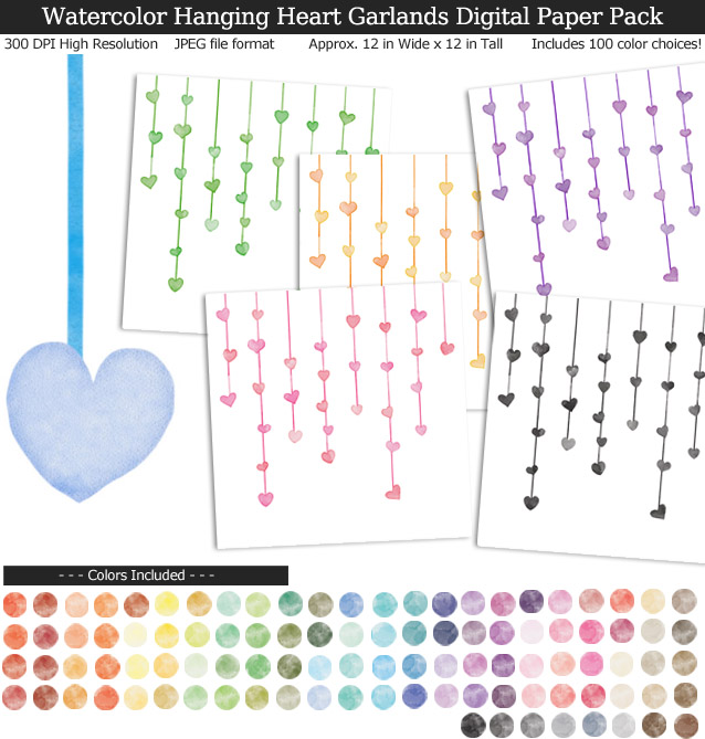 Rainbow Colors Watercolor Hanging Heart Garlands Digital Paper Pack 12x12 inches - Valentine's Day - Weddings