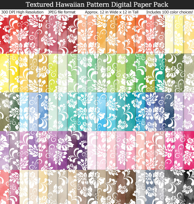 Watercolor-Textured Hawaiian Print Digital Paper Pack - 100 Colors!