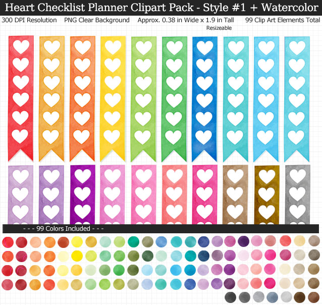 Love these rainbow watercolor heart checklist clipart for my Erin Condren vertical planner - 99 colors