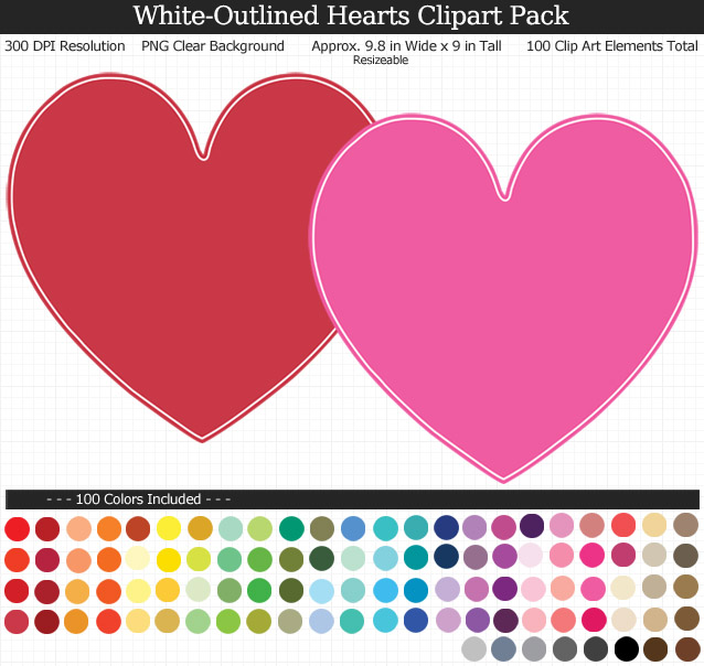 Rainbow Hearts Clipart Pack - Clear Background PNG - Large 9.8 inches wide x 9 inches Tall Resizeable - 100 Colors