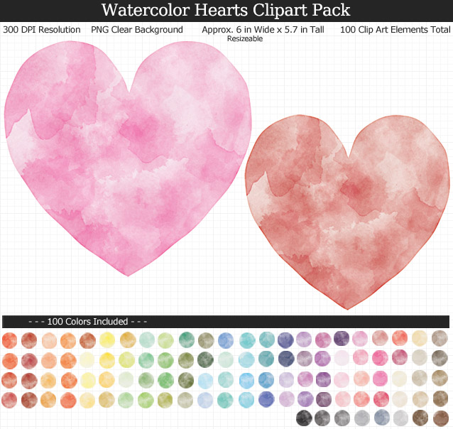 Rainbow Watercolor Hearts Clipart Pack - Clear Background PNG - Large 6 inches wide x 5.7 inches Tall Resizeable - 100 Colors