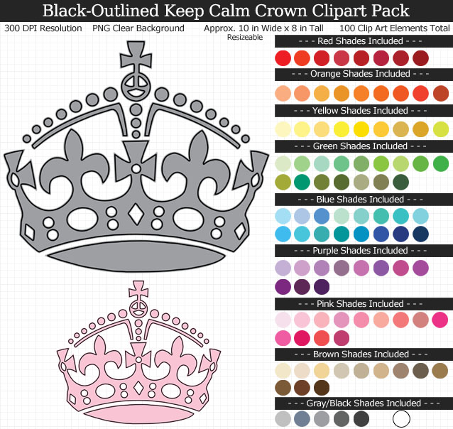 Rainbow Keep Calm Crown Clipart Pack - Clear Background PNG - Large 10 inches Wide x 8 inches Tall Resizeable - 100 Colors