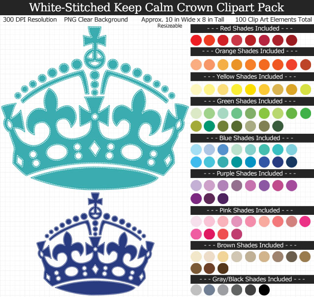 Rainbow Keep Calm Crown Clipart Pack - Clear Background PNG - Large 10 inches Wide x 8 inches Tall Resizeable - 100 Colors