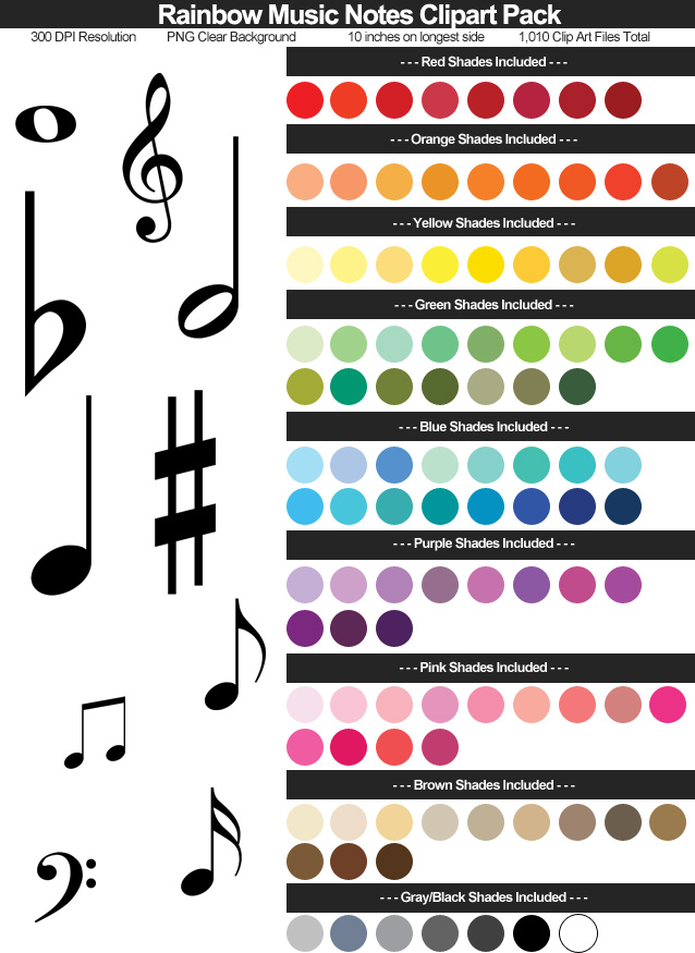 Rainbow Music Notes Clipart Pack - Clear Background PNG - Large 10 Inches Resizeable - 1,010 Files