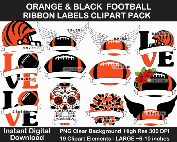 Orange and Black Football Ribbon Label Clipart Pack - Go Bengals!