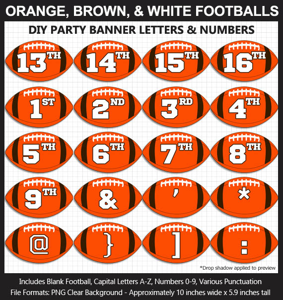 Love these fun Orange, Brown, and White Football clipart for game day decoration - Letters, Numbers, Punctuation - Go Browns!