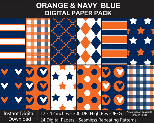 Orange and Navy Blue Digital Paper Pack for Broncos Football Fan Crafting!