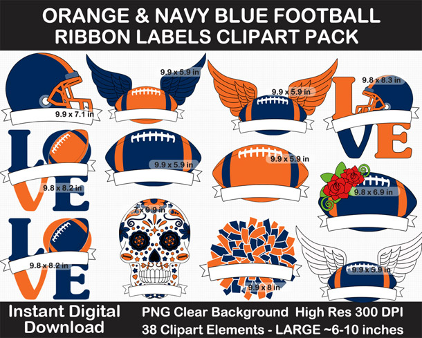 Orange and Navy Blue Football Ribbon Label Clipart Pack - Go Broncos!