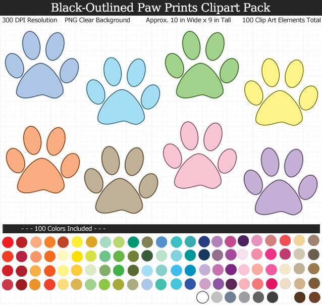 Rainbow Paw Print Clipart Pack - Clear Background PNG - Large 10 inches Wide x 9 inches Tall Resizeable - 100 Colors